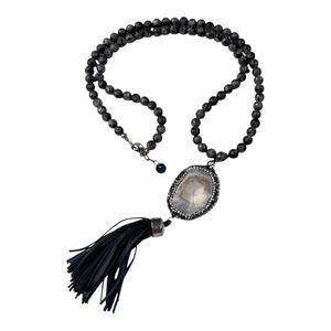 Emmis Gemstone Necklace Agate Geode Quartz Druzy Beaded Leather Fringe Jewelry